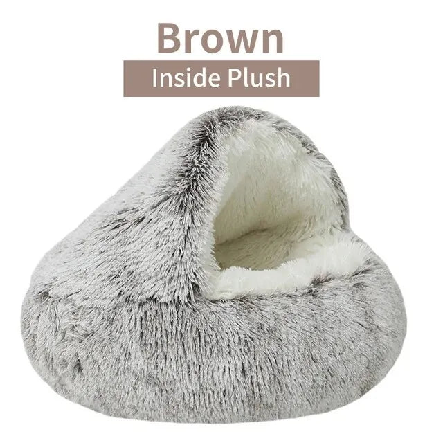 A warm and fluffy hooded pet bed designed to give cats and small dogs a cozy, secure place to rest and sleep