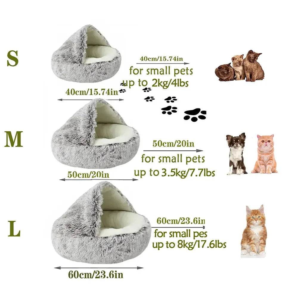 A warm and fluffy hooded pet bed designed to give cats and small dogs a cozy, secure place to rest and sleep