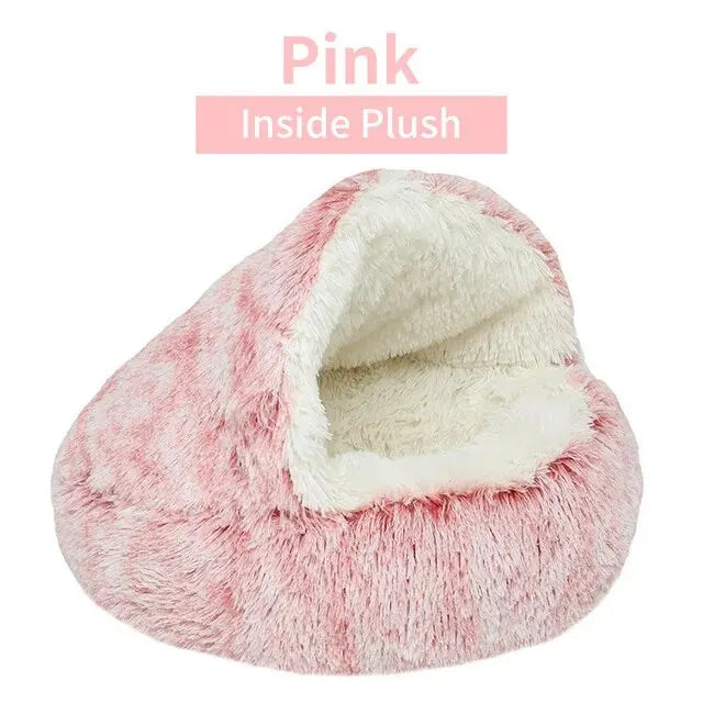 A warm and fluffy hooded pet bed designed to give cats and small dogs a cozy, secure place to rest and sleep