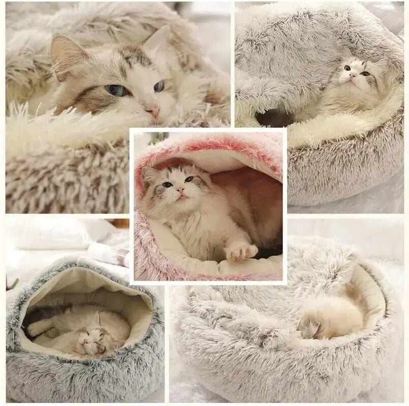 A warm and fluffy hooded pet bed designed to give cats and small dogs a cozy, secure place to rest and sleep