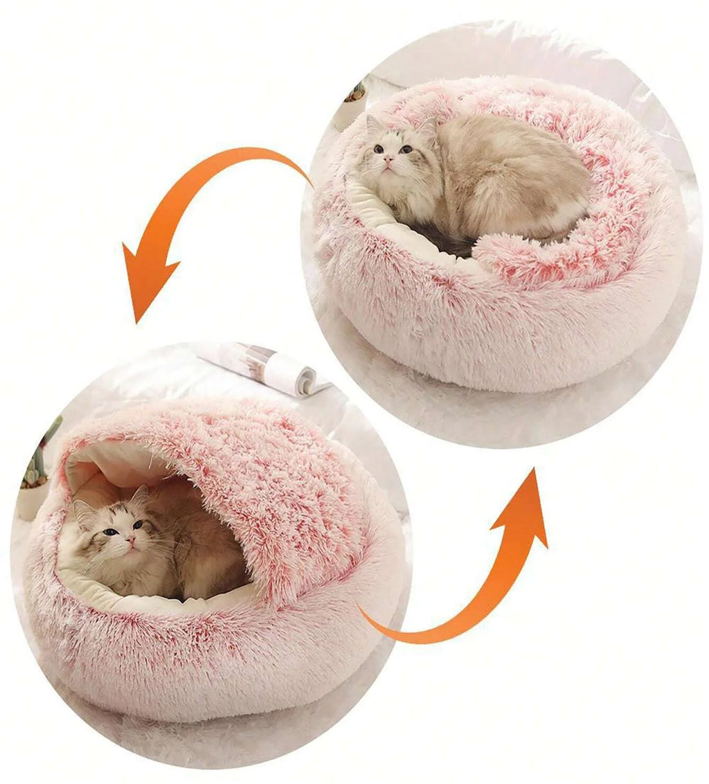 A warm and fluffy hooded pet bed designed to give cats and small dogs a cozy, secure place to rest and sleep