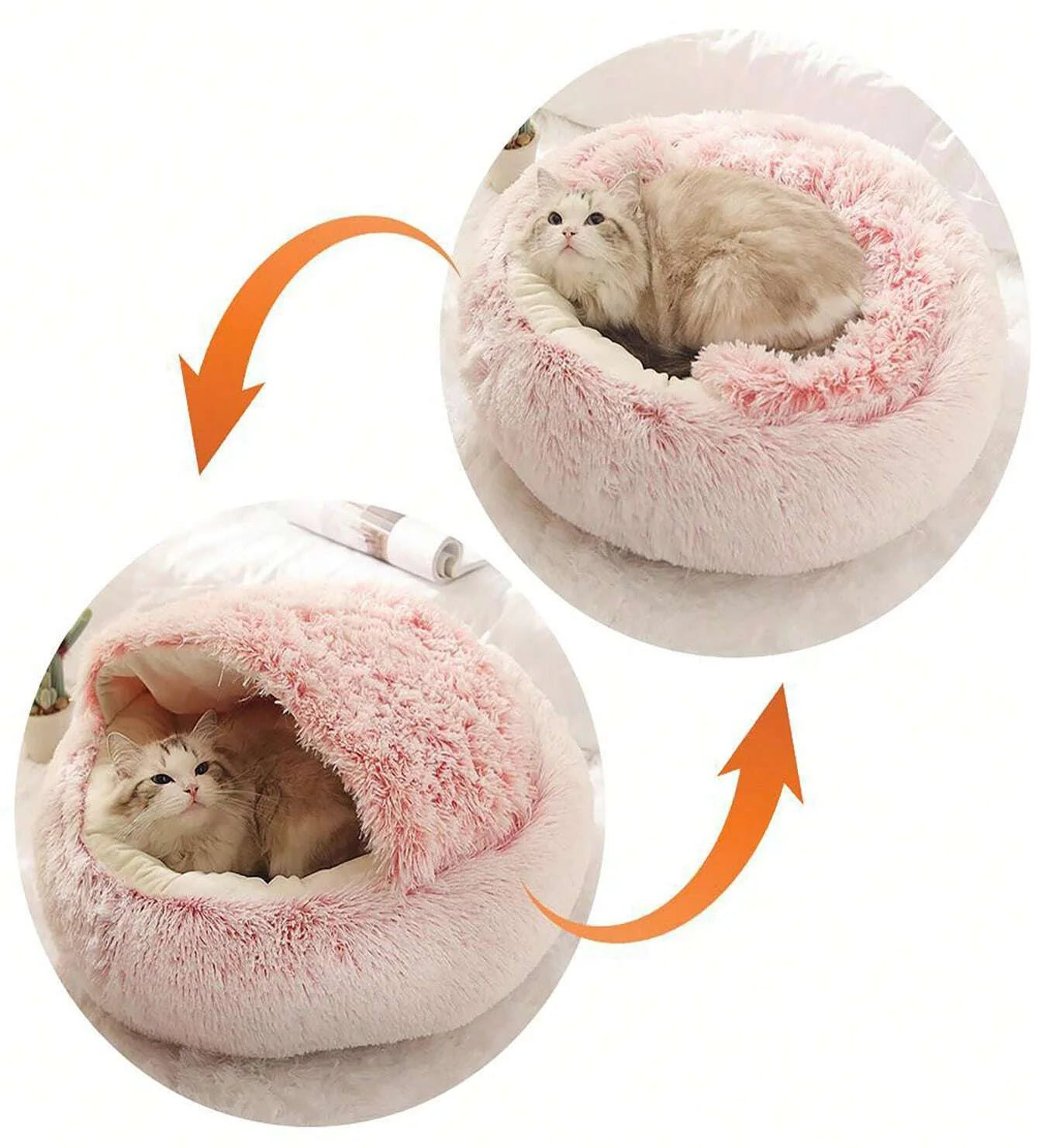 A warm and fluffy hooded pet bed designed to give cats and small dogs a cozy, secure place to rest and sleep