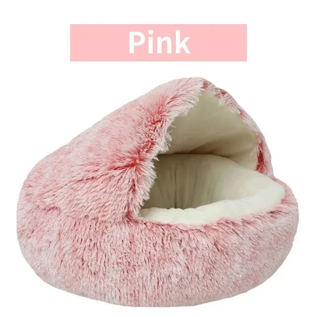 A warm and fluffy hooded pet bed designed to give cats and small dogs a cozy, secure place to rest and sleep