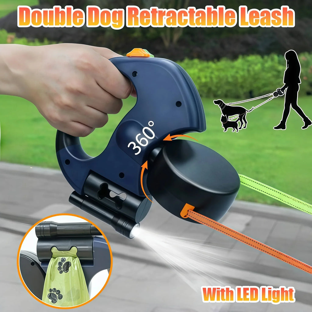 Premium 3M Retractable Double Dog Leash for Small Dogs Reflective 360 Swivel No Tangle Walking Pet Lead with LED Lights