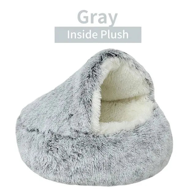 A warm and fluffy hooded pet bed designed to give cats and small dogs a cozy, secure place to rest and sleep